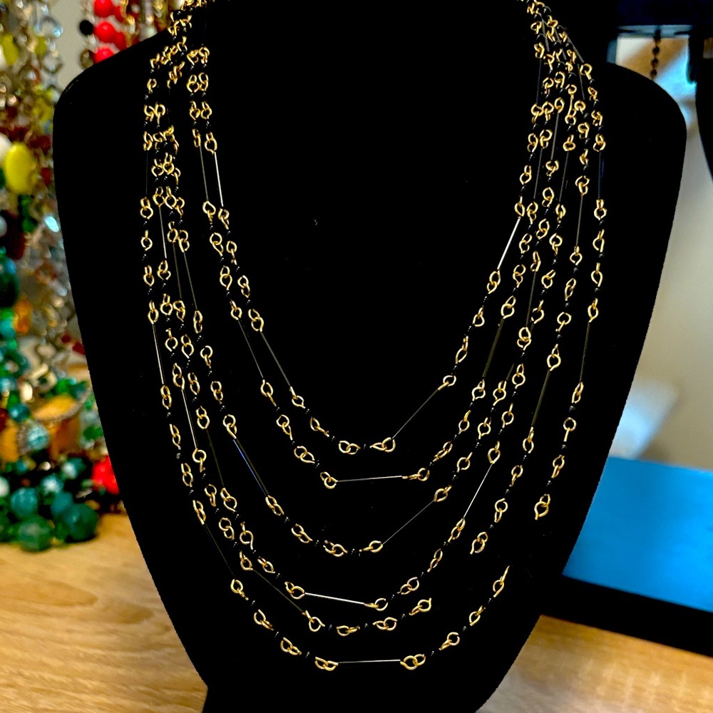 Vintage pin set with black accent, multi layer chain, gold tone